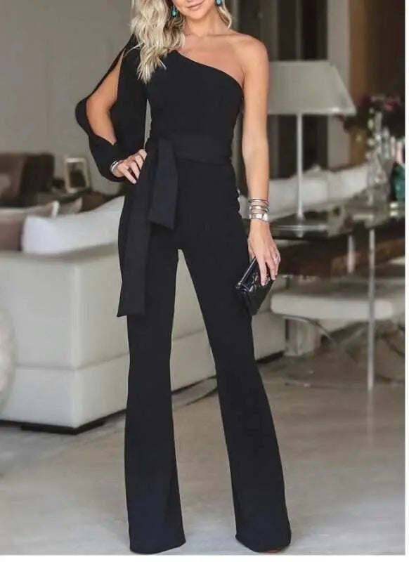 Temperament Solid Color Slim Jumpsuits Women Sexy Off Shoulder Slant Collar High Waist Leace-up Bodycon Jumpsuit Streetwear 2024