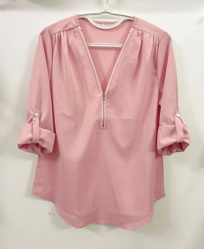 2024 Quality HotSale Plus Size Deep V Neck Women Blouse Chiffon Cool Loose Shirt Fashion Casual Ladies Tops Sexy Zipper Pullover.