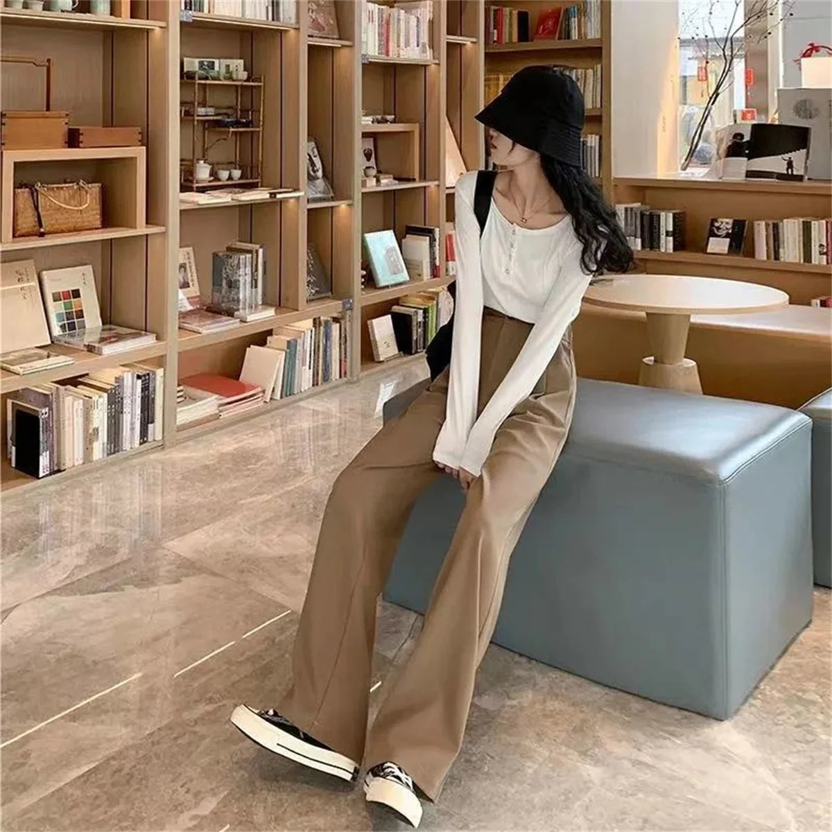 Fashion High Waist Wide Leg Pants Women Spring Fall Baggy Black Trouser Office Ladies Full Length Straight Suit Pant Outwear New.