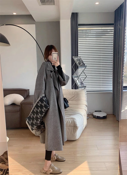 Mode Schwarz Lange Woolen Mantel Mit Gürtel Frauen Lose Revers Mantel Herbst Winter Warme Dame Oberbekleidung High Street