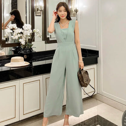 H Han Queen Summer Elegant Business Jumpsuits Women Simple Wide Leg Long Playsuits Korean Sleeveless Casual Rompers Office Lady