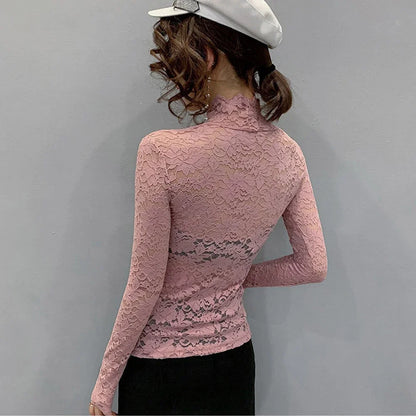 Stretch Floral Lace Petal Sleeve Shirt Women's Long Sleeved S-3XL T Shirt Ladies Perspective Blouse Tops Sexy Lace Tees Clothing.
