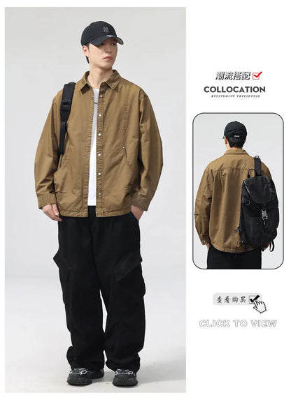Autumn Fashion Vintage Shirt Style Jacket Men Streetwear Loose Casual Plus Size Washed Cotton Cargo Jacket Man Coat Outerwear.