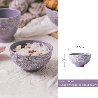 Solid Color Ceramic Tableware Lace Embossed Ceramic Tableware Bowl Plate Cup Rustic Irregular Dinner Plate  Dinner Plates.