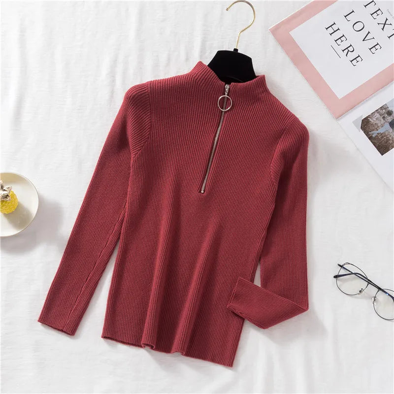 Spring Autumn Skinny Elastic Knitted Shirt Women Pullover Sweater Tops Female Long Sleeve Slim Mock Neck Knit Bottoming Shirts.