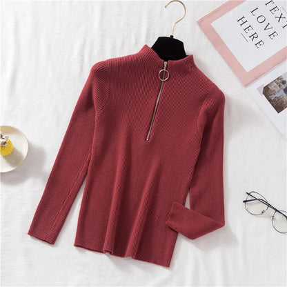Spring Autumn Skinny Elastic Knitted Shirt Women Pullover Sweater Tops Female Long Sleeve Slim Mock Neck Knit Bottoming Shirts.