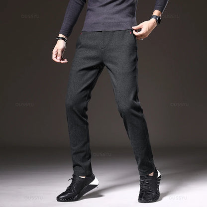 Autumn Winter Men's Brushed Fabric Casual Pants Business Fashion Slim Fit Stretch Thick Gray Blue Black Cotton Trousers Male.