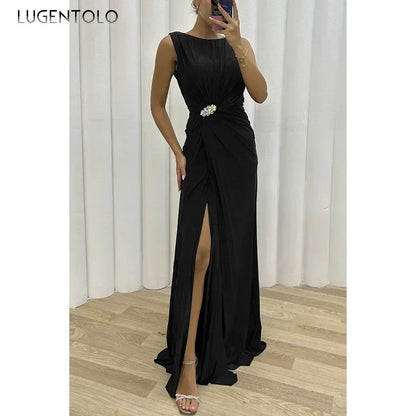 Frauen sexy Kleid neue ärmellose feste Party schlanke Empire Split weibliche elegante Rundhals Mode lange Kleidung.