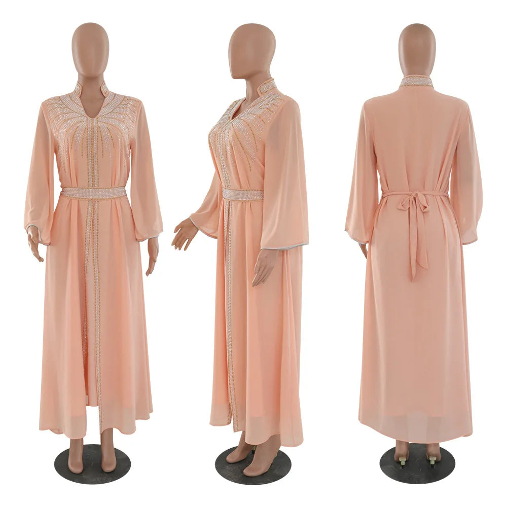 Marok kanis che Kaftan Frauen Mode Diamant mit Gürtel Chiffon Kleid Eid Ramadan arabische Robe Islam Luxus Party muslimische Kleider