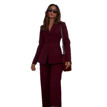 American New Fashion Women's Solid Color Casual Trendy 2 Piece Sets Long Sleeve Suit Blazers Wide Leg Trousers Female Clothes.