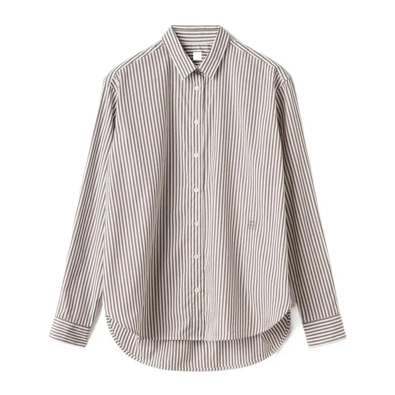 LUXURY Women's Vertical Striped Shirt, Short Front and Back, Short, Vertical Striped Shirt, Loose Long Sleeve, Commuter Style