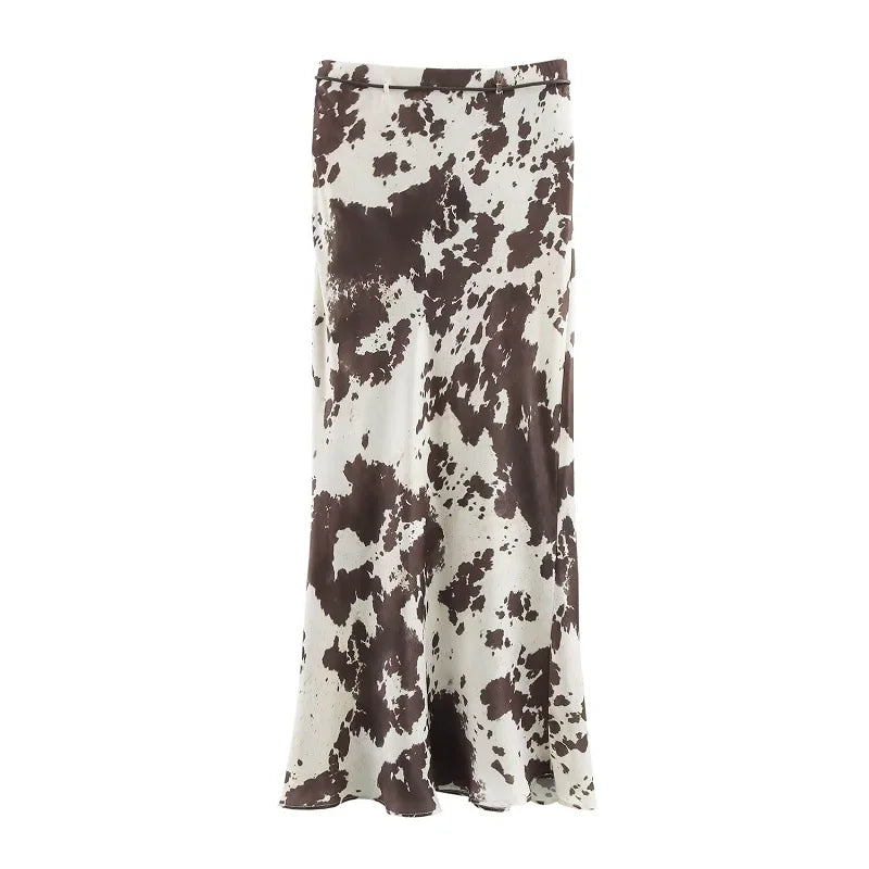 MUJER Print Satin Long Skirts for Women High Waist Midi Skirt Woman Spring Belt Women's Skirt Cylinder Vintage Women Skirt Sets.