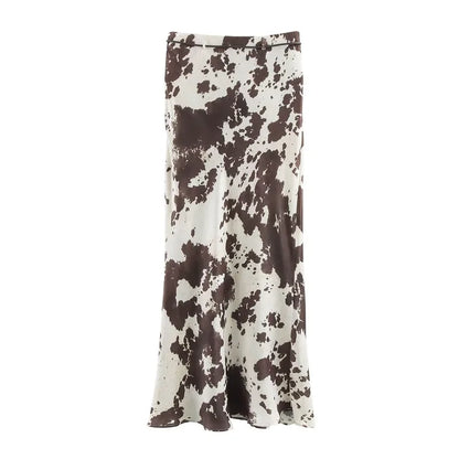 MUJER Print Satin Long Skirts for Women High Waist Midi Skirt Woman Spring Belt Women's Skirt Cylinder Vintage Women Skirt Sets.