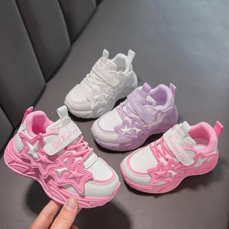 Children Casual Shoes for Girls Fashion Classic with Stars Girls Sports Running Sneakers Breathable PU + Rubber Anti-skid Soft.