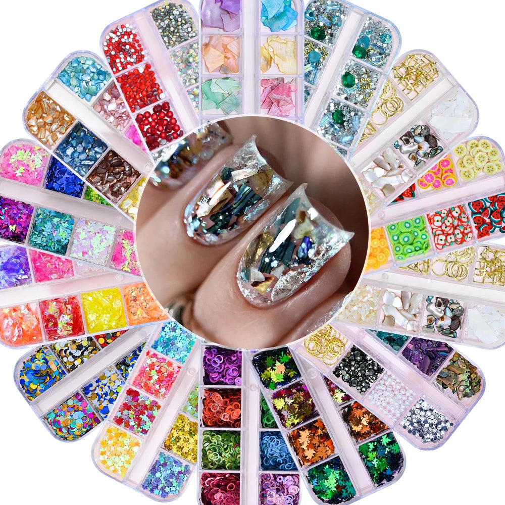12Grids Moon Star Nails Gold Metallic Nail Sequins Charms 3D Nail Art Tips Decoration  3D Metal Moon Star Sun Bead Rivet Nail Je.