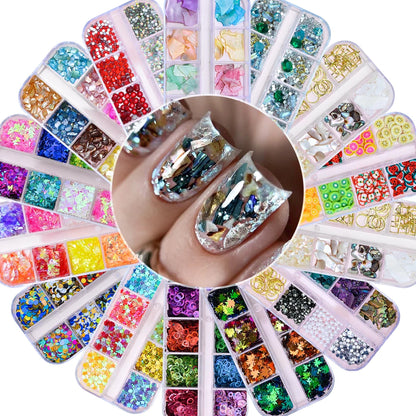12Grids Moon Star Nails Gold Metallic Nail Sequins Charms 3D Nail Art Tips Decoration  3D Metal Moon Star Sun Bead Rivet Nail Je.