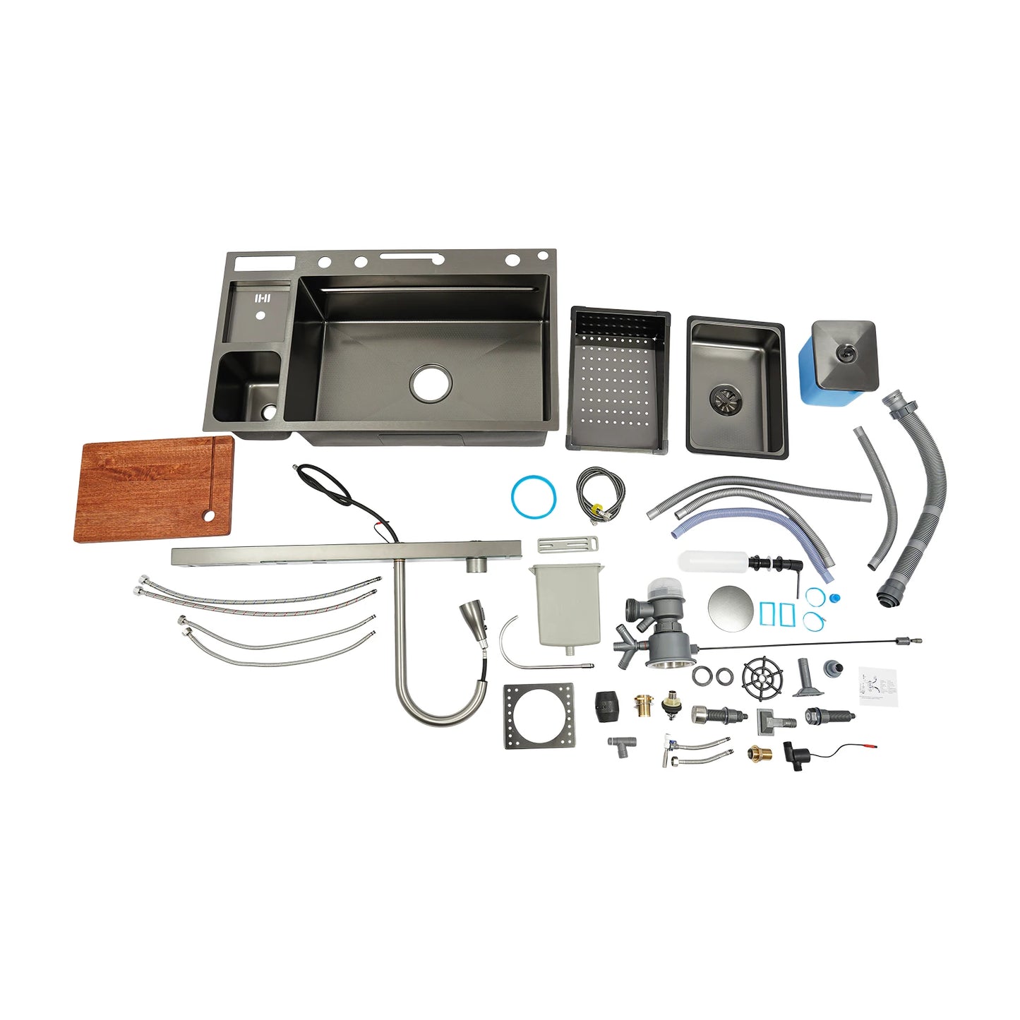 Edelstahl-Küchenspüle mit Abtropfkorb, ausziehbarer Wasserhahn, Schneidebrett, Tassenwascher, Digitalanzeige, 82 x 48 x 23 cm