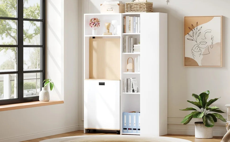 Klappbarer Schreibtisch mit Regalen – 2-in-1-Bücherregal und Schreibtisch, klappbar, mit Steckdose und USB-Anschluss, höhenverstellbare Regale