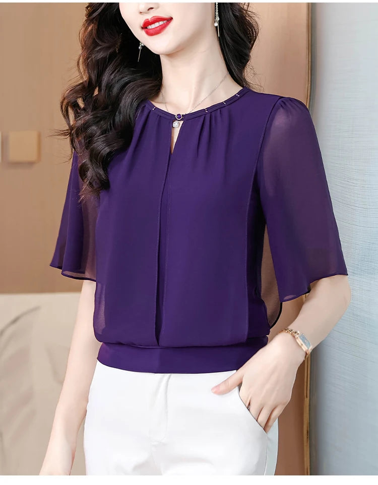 Summer Clothing Half Sleeve Chiffon Blouse 2025 New Fashion Loose Women Tops Solid Color Casual Pullovers Shirt.