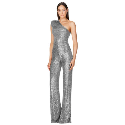 Women Elegant Long Jumpsuits Sexy Glitter Sequin Club Ladies Playsuits Slanted Collar Party Fashion Backless Solid Romper 2024