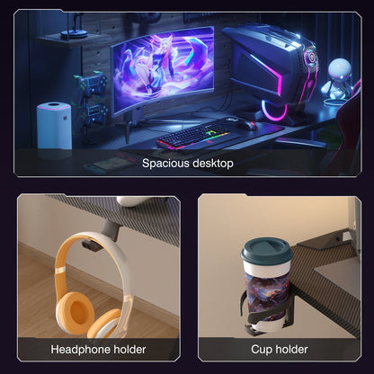 L-förmiger Computer-Gaming-Schreibtisch, RGB-LED-beleuchteter Tisch mit Kopfhörerhaken und Getränkehalter