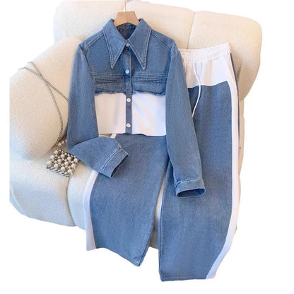 Two Piece Sets Women Pant Set Denim Splice Matching Sets Spring Top Wide Leg Long Pants Casual Loose Lace Up High Waist Jogger.