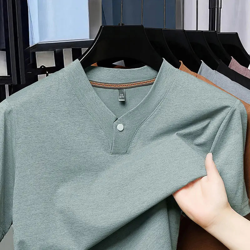 Men's T-shirt Classic V-Neck Short Sleeved Cotton Solid Button Super Soft High Quality L-4XL Casual Tshirt Design Men Tee Shirts