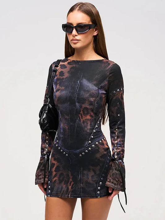 GACVGA Vintage Druck Sexy Bodycon Mini Kleid Für Frauen 2024 Herbst Winter Mode Volle Hülse Weibliche Club Party Kleider