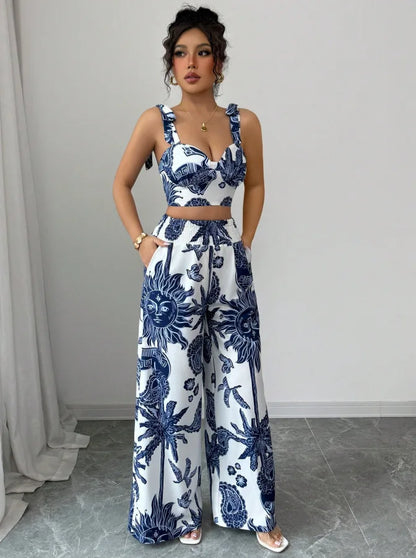 Sexy Strapback Halter Tops Long Pants Female 2-piece Set Summer Fashion Printed Wide-leg Pocket Trousers Elegant Women's Suit.
