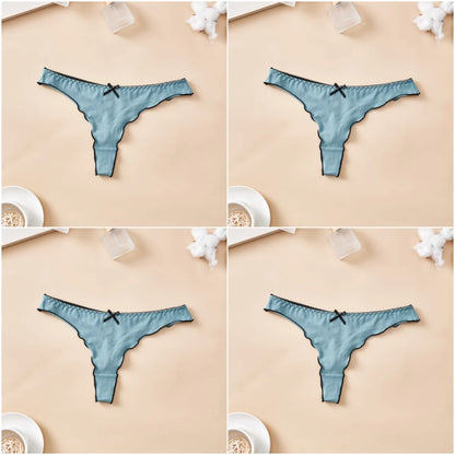 4pcs women's cotton solid color thong sexy comfortable women's underwear daily breathable T-back knitted bow cute girl low-waist
