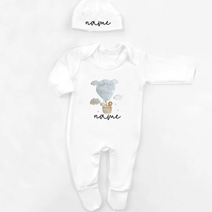 Personalisierter Schlafanzug, neues Baby-Geschenk, Safari-Babygrow, geboren im Jahr 2025, Geschenk zum Ausgehen, Outfit, individueller Baby-Strampler und Mütze.