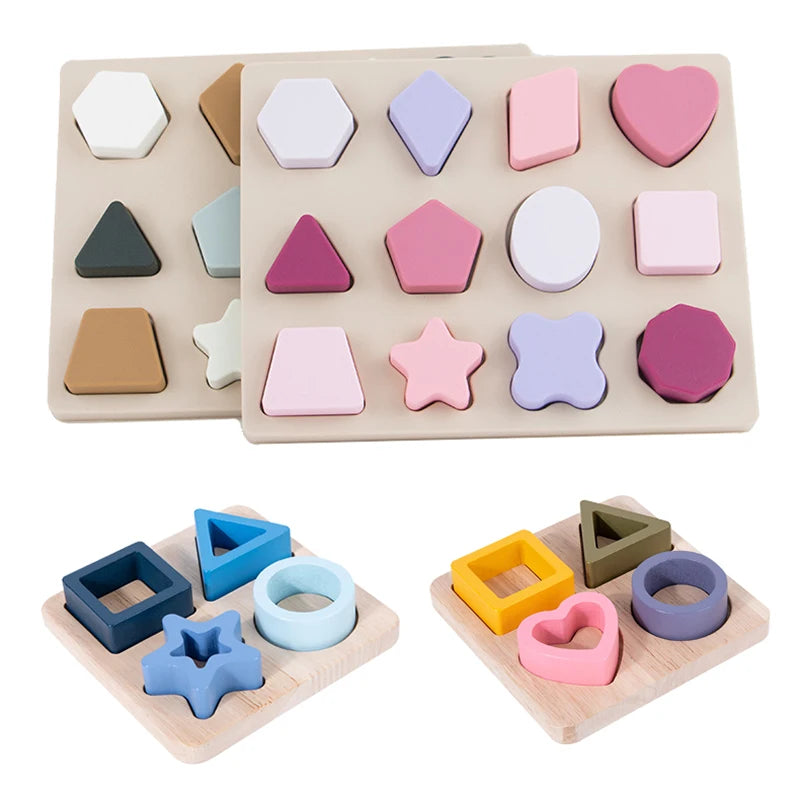Montessori Baby Puzzles Silicone Toys Geometric Shape Jigsaw Board Matching Games Educational Learning Toys Food Grade Silicone.