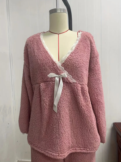 Herbst und Winter Damen neuen Stil Spitze Spleißen V-Ausschnitt Pyjama Set Flanell Schleife Langarm Top und Hose zweiteiliges Set von l.