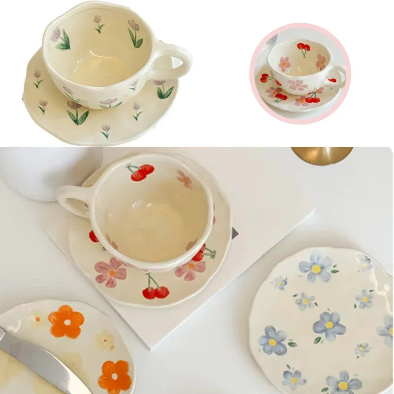 Flower Pattern Ceramic Cup Korean Style Saucer Set Hand Pinched Irregular Coffee Milk Cup Afternoon Tea Tableware Gifts for Home.