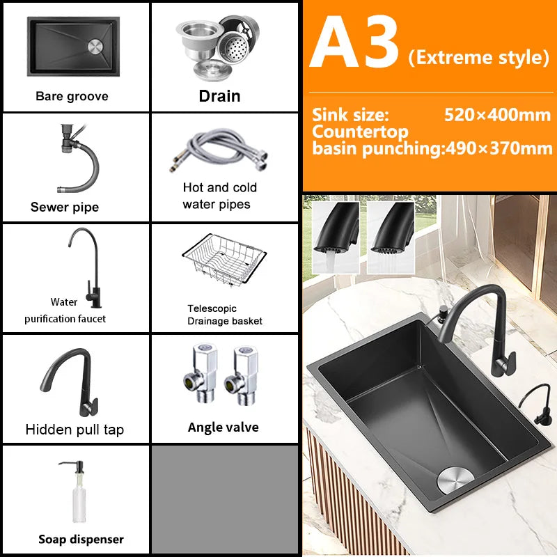 Black Stainless Steel Kitchen Sink Waterfall Sink dishwashing Basin Large Single Sink Household Sink Under The Counter Sink