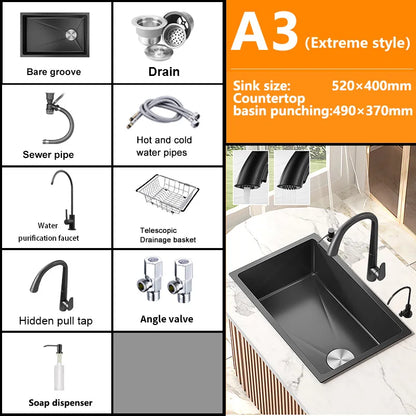 Black Stainless Steel Kitchen Sink Waterfall Sink dishwashing Basin Large Single Sink Household Sink Under The Counter Sink