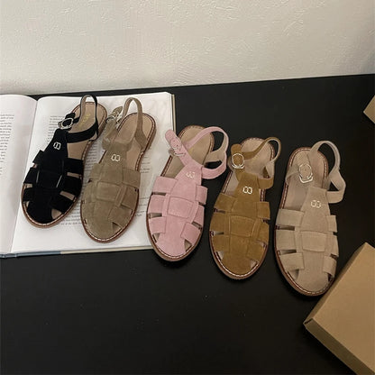 DIMANYU Women's Roman Sandals 2023 Summer New Flat Retro Real Leather Ladies Sandals Hollowed Women's Cage Shoes