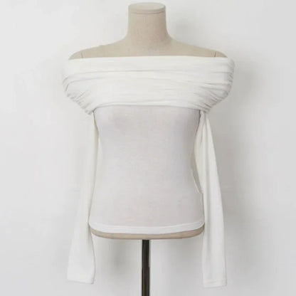 Korean Dongdaemun Spring Summer New Style Elegant One Shoulder Pleated Thin Long Sleeve Slimming Fit Cotton T-Shirt.