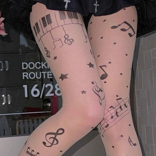 Women Personalized Stocking Gothic Music Notes Print Tights Thin High Elasticity Black Skin Leggings Spicy Girls Y2K Hosiery