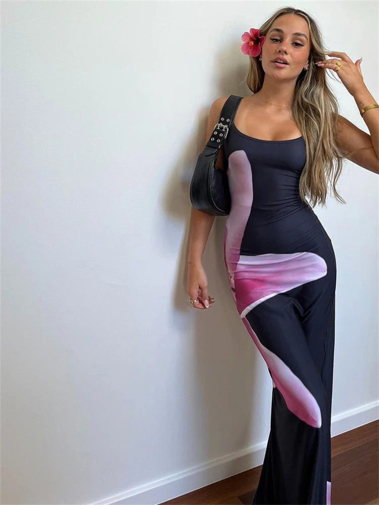 Gedruckt Spaghetti Hot Backless Maxi Kleid Frauen Mode Schlank Elegante Kontrast Patchwork Halter Kleider Herbst Lange DressZ.