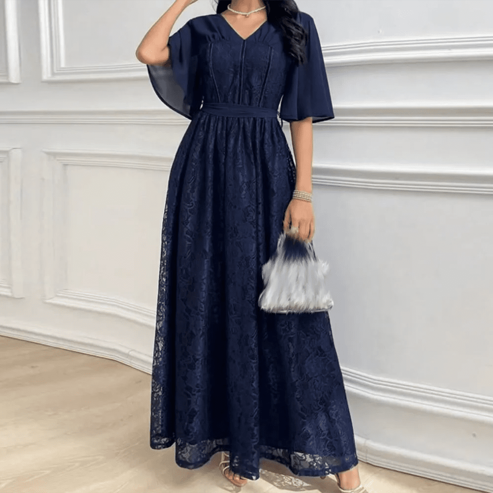 Maßgeschneiderte A-Linie-Abschlussballkleider, knöchellang, V-Ausschnitt, halbe Ärmel, Abendkleid, schlichtes, modisches, mit Spitze drapiertes, rückenfreies Partykleid.