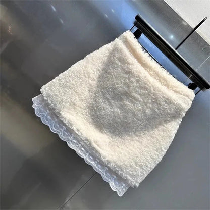 Chic Sweet Mini Skirt Women Winter Lace Patchwork High Waist A Line Plush Skirts Female Fashion Casual Preppy All Match Skirt.