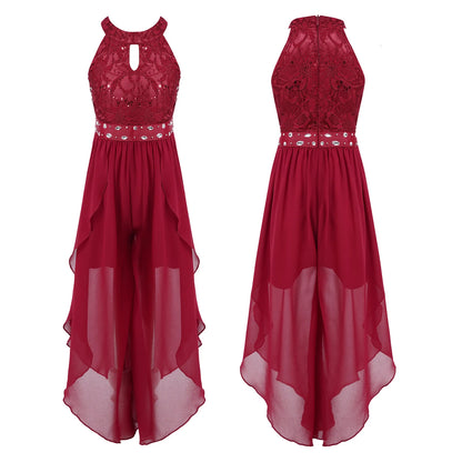 Sommer Mädchen Ärmellosen Chiffon Maxi Kleid Shiny Perlen Spitze Gebaut-in Shorts Party Kleid für Hochzeit Geburtstag Dance Leistung