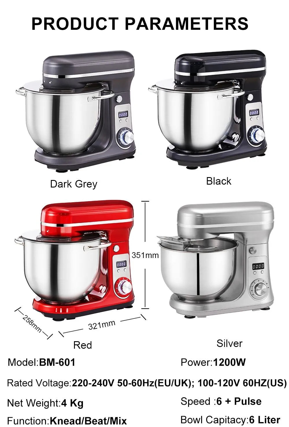 BioloMix BM601 1200W Kitchen Food Stand Mixer, Cream Egg Whisk, Cake Dough Kneader, 6L Capacity, Stainless Steel Bowl.