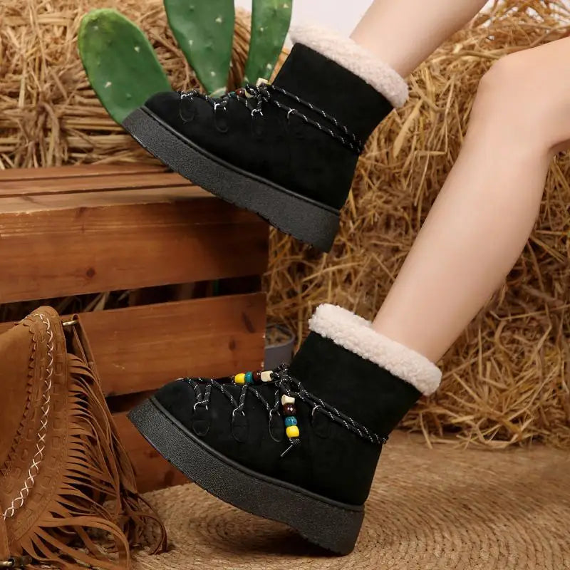 Chunky Platform Non Slip Furry Snow Boots Women 2025 Winter Soft Thick Bottom Warm Plush Ankle Boots Colorful Bead Lace Up Shoes