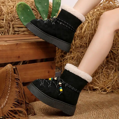Chunky Platform Non Slip Furry Snow Boots Women 2025 Winter Soft Thick Bottom Warm Plush Ankle Boots Colorful Bead Lace Up Shoes