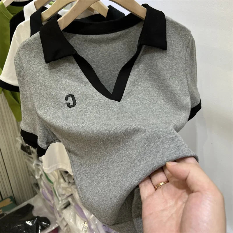 Summer Hot Sale Of The Season Women's Grey Short Sleeve Polo Neck T-Shirt Pure Cotton Slim Fit Base Shirt Trendy Top Quality Chi.