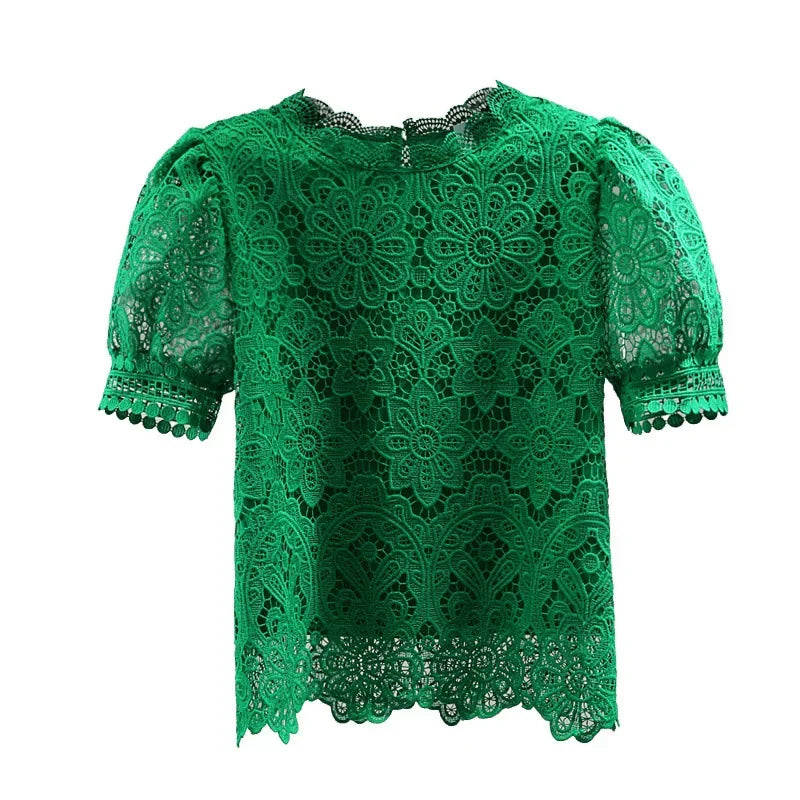 Loose Straight Korean Style Summer Top Pure Color Hooked Hollow out Ladies Lace Shirt Overhead Bubble Sleeve Women's Fashion.