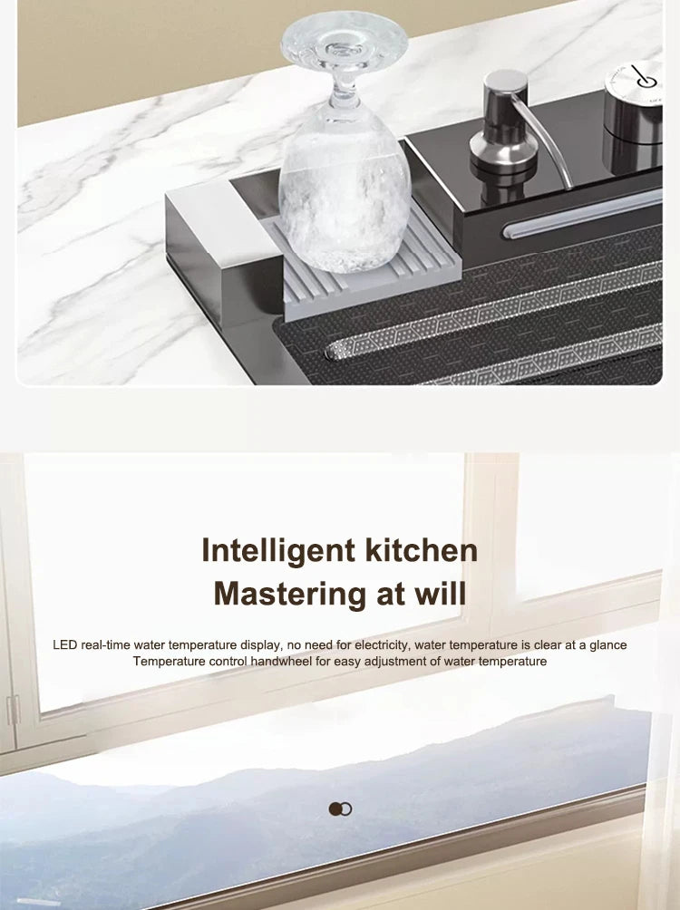 Küchenspüle, Wasserfall-Waschbecken aus Edelstahl, extra großer Einzelschlitz mit Digitalanzeige, Wasserhahn-Set für die Küche