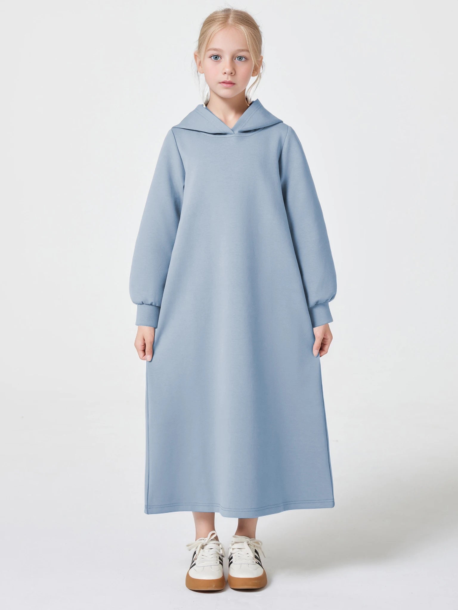 Ramadan kebaya Muslim Girls Abaya Middle East Autumn and winter solid color warm hoodie V-neck Hooded Loose Kids Kebaya Dress.